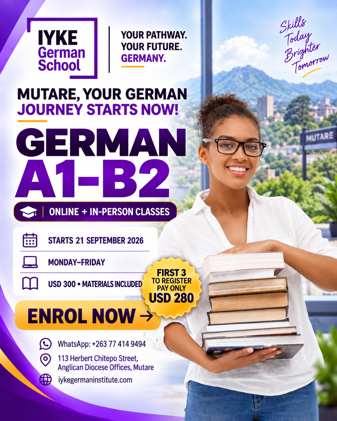Iyke German School A1 to B2 September 2026 enrolment campaign for Mutare and online classes